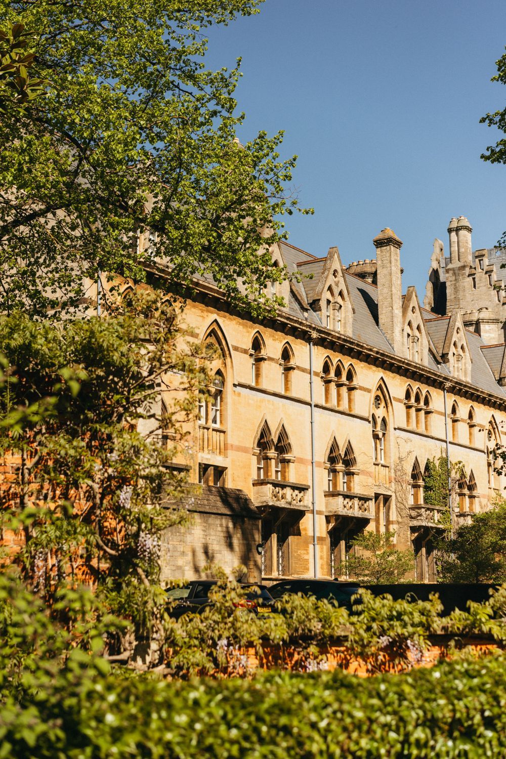 Sunlit Gothic university building behind trees
