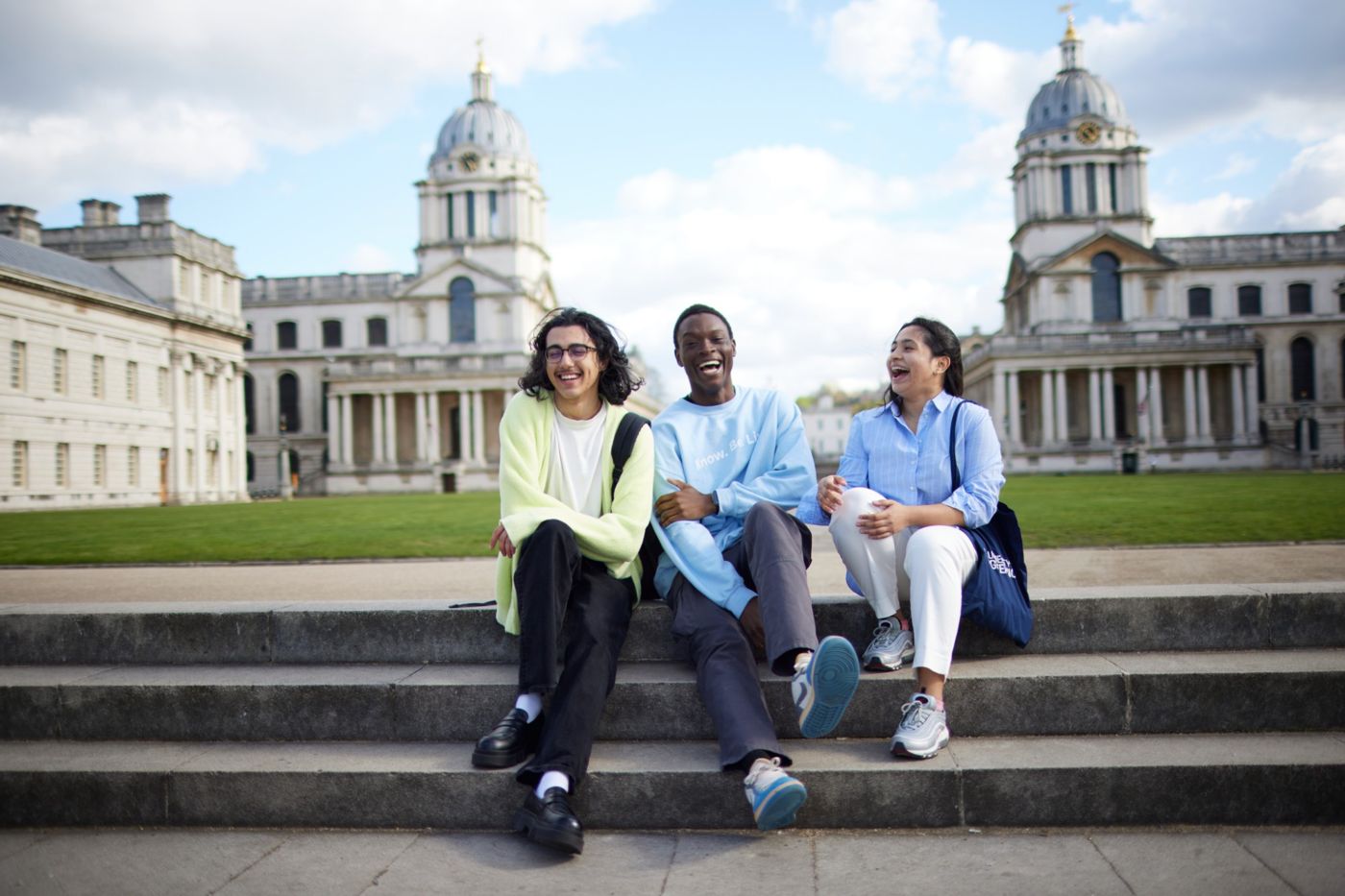 Students on the steps of the University of Greenwich, Old Royal Naval College