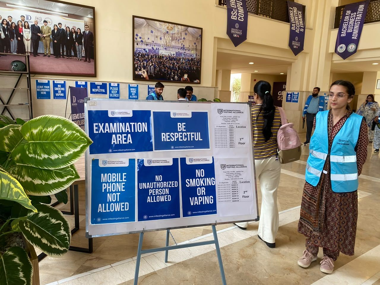 Exam rules board at the hall entrance