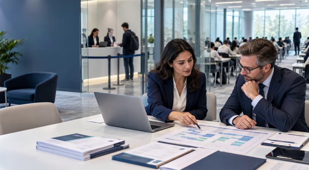Two colleagues planning an exam schedule at a desk