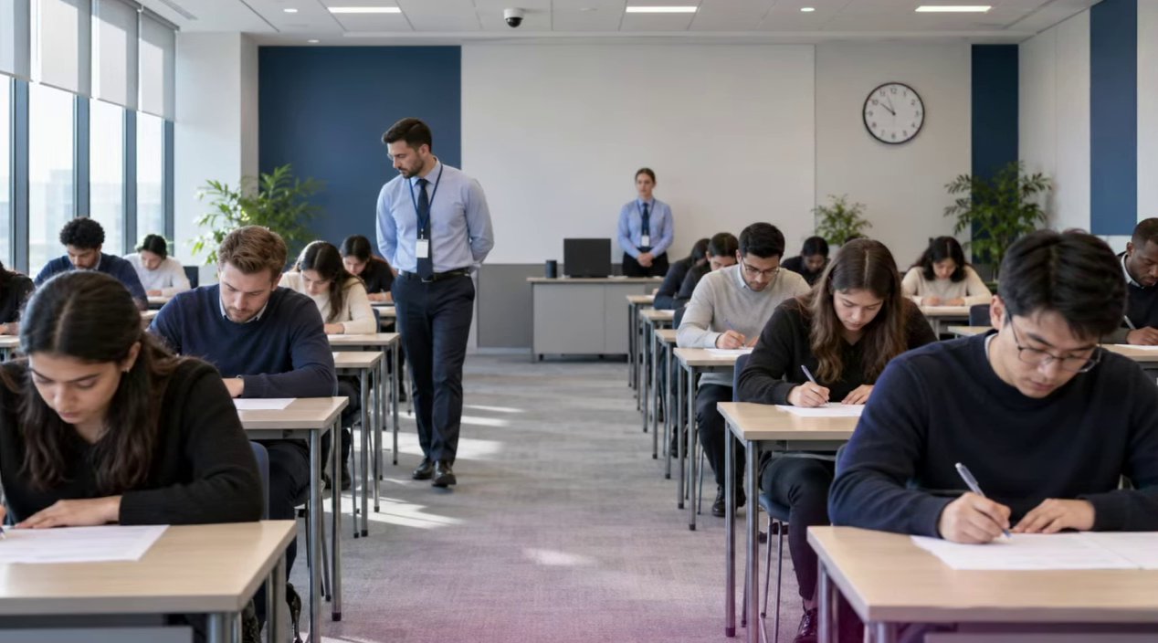 Invigilator walking between candidates writing an exam