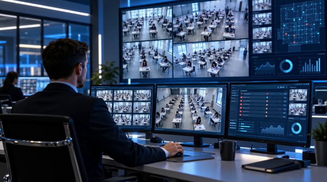 Operator monitoring exam halls on CCTV screens